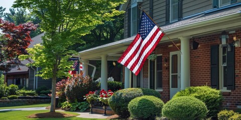 Beautiful suburban home with an American flag on the porch, surrounded by lush greenery and vibrant summer landscaping.