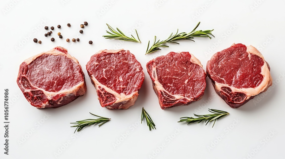 Poster raw beef steaks on a white background showcasing a food preparation theme