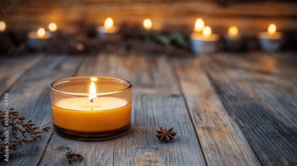 Poster lit candle on a wooden table featuring homemade candles and a banner with ample copy space