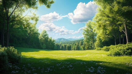 Naklejka premium Lush green meadow surrounded by trees under a summer sky