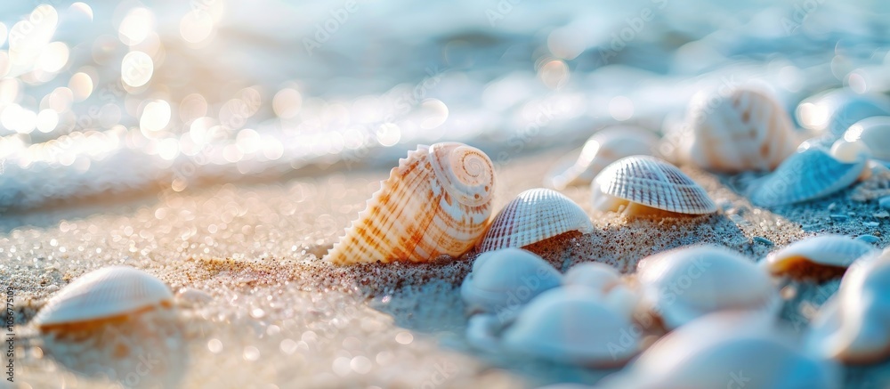 Poster marine background broken and whole shells in the sand on the beach selective focus close up side vie