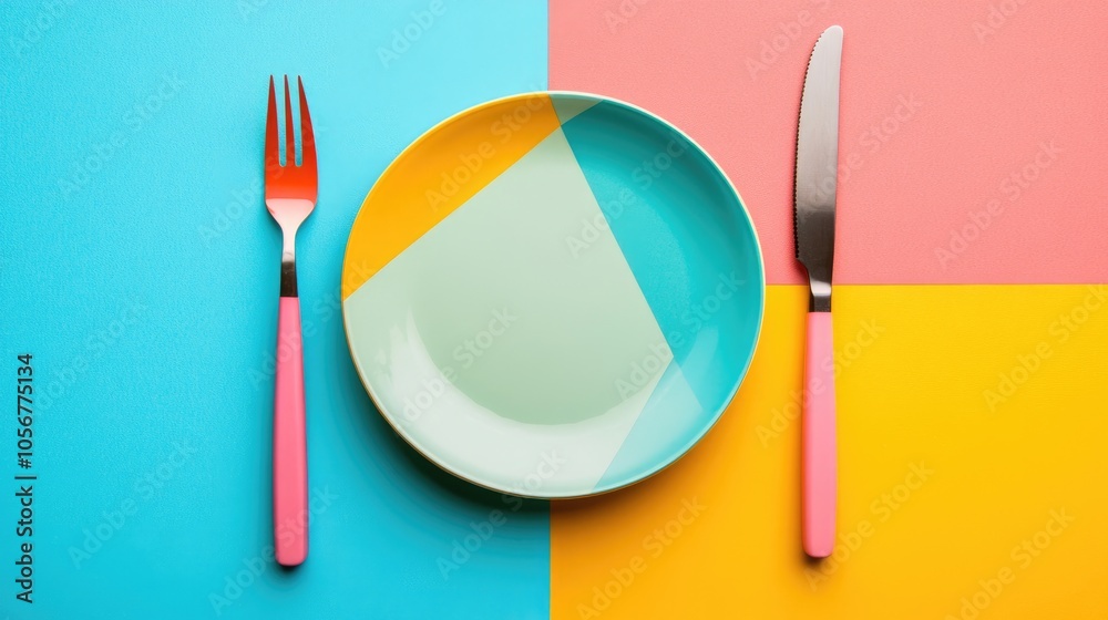 Aufkleber vibrant utensils including a knife plate and fork displayed on a colorful backdrop