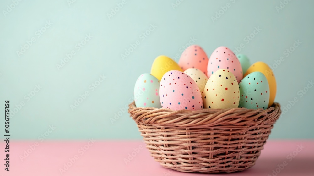 Poster vibrant easter eggs in a woven basket set against a colorful backdrop soft pastel shades of easter e