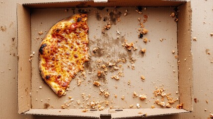 Empty cardboard box with leftover crumbs and grease marks showing signs of pizza consumption