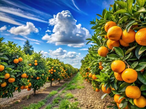 Under clear blue skies, thriving orange plantations flourish, bringing forth a rich harvest of sun-ripened citrus fruits. A dazzling landscape filled with nature's abundance.