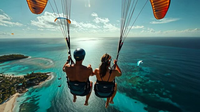 Adventurous couple parasailing over a tropical beach, with panoramic views of the ocean and coastline below. . Video