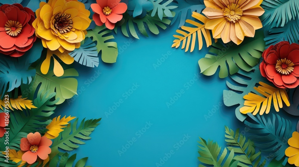 Poster top view of vibrant paper cut flowers and green leaves against a blue backdrop featuring ample empty