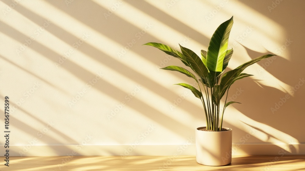 Poster Lush houseplant in a pot placed on a wooden floor next to a wall illuminated by sunlight casting shadows on a beige backdrop Vertical composition ideal for mockup presentations