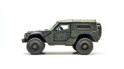 Plastic Model Of A Military Toy Car Isolated On White Background