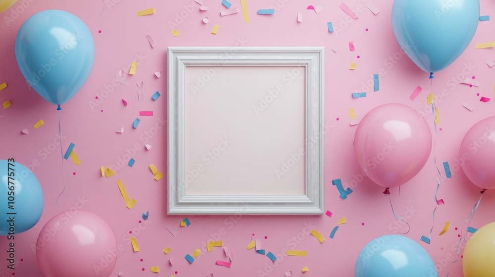 Poster birthday mockup featuring a frame pastel balloons and confetti arranged on a pink tabletop viewed fr
