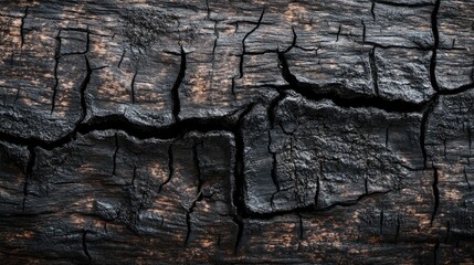 Close up of a rough textured surface of charred wood featuring a background that includes ample copy space