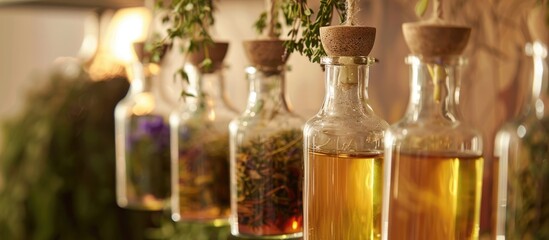 Hanging Dried Herbs Next To Various Infused Oils