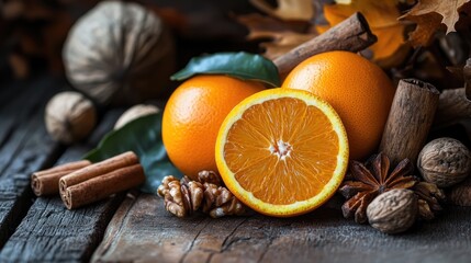 Fototapeta premium Autumn Setting Featuring Sweetened Oranges Nuts and Spices