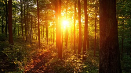 Fototapeta premium Lush forest illuminated by sunlight filtering through the tree branches creating a warm scenic atmosphere amidst vibrant leaves at dusk