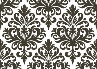 Olive and white damask pattern with elegant floral motifs. Damask seamless pattern.