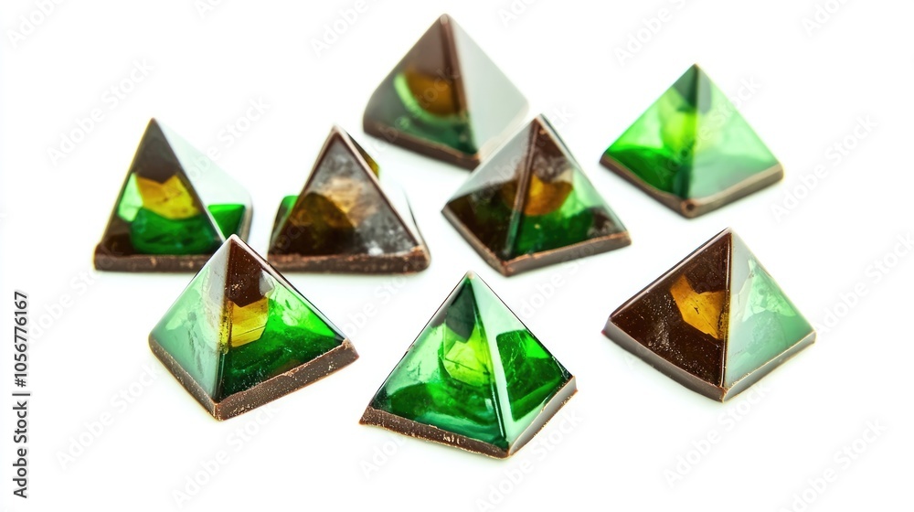 Poster luxury pyramid shaped chocolate candies featuring a geometric triangular design in green handmade co