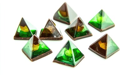 Luxury pyramid shaped chocolate candies featuring a geometric triangular design in green Handmade confections isolated on a white background