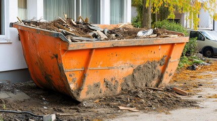 Large orange metal skip filled with debris from home renovation in front of a residence