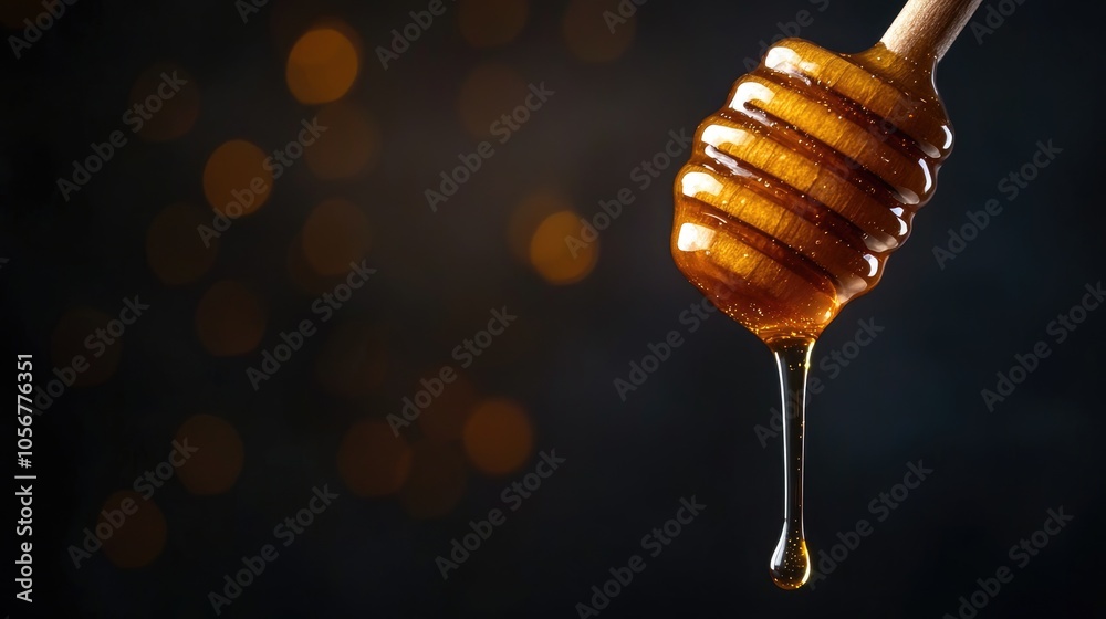 Poster honey dripping from a wooden dipper against a dark background a sweet natural product ideal for your