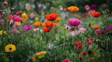 Obraz premium Colorful poppies and various plants thriving in a lush field