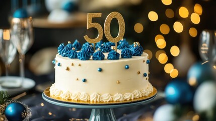 Festive birthday cake featuring a gold 50 topper and blue decorations perfect for a milestone celebration