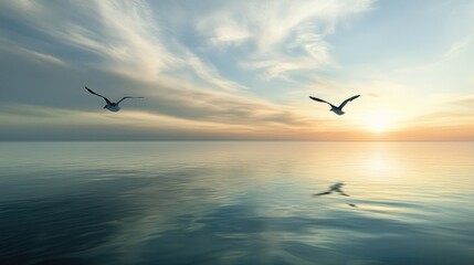 Graceful birds soaring above calm waters