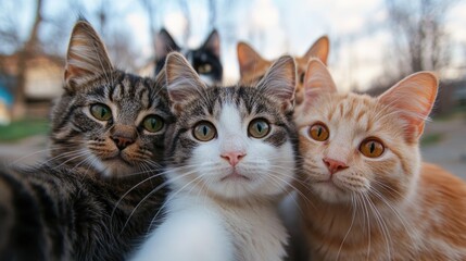 A group of cats posing for a selfie with a soft focused background