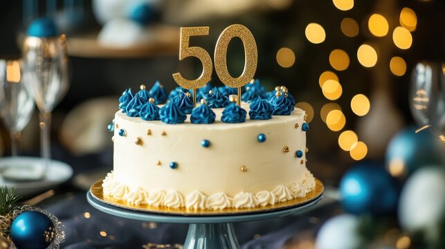 Festive birthday cake featuring a gold 50 topper and blue decorations perfect for a milestone celebration