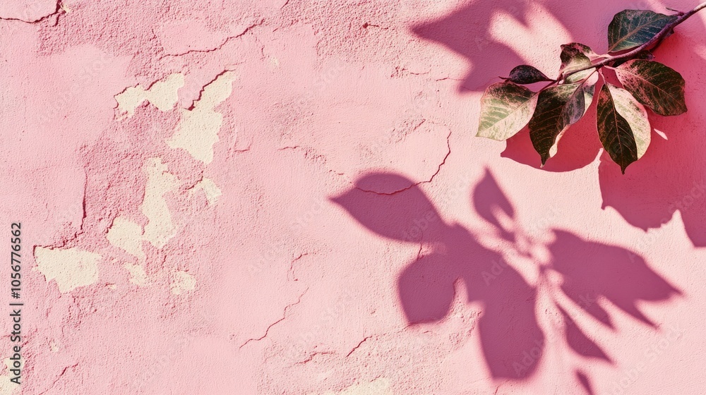 Aufkleber leaves shadow cast on a textured pink concrete wall featuring roughness and irregularities an abstra
