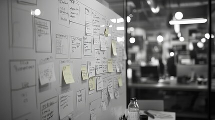 A Whiteboard Covered in Handwritten Notes and Sticky Notes