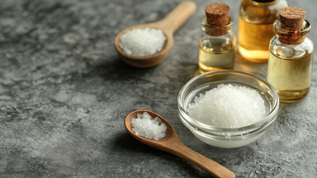 Coconut MCT oil in a round glass bowl accompanied by a wooden spoon and bottles highlighting the health advantages and triglyceride content of MCT oil