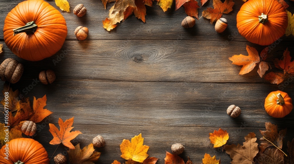 Poster autumn themed backdrop featuring pumpkins acorns and leaves arranged on a rustic wooden tabletop fro