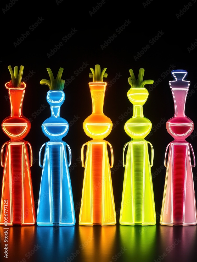 Poster Vibrant neon figures displaying playful shapes and colors in a dark background setting