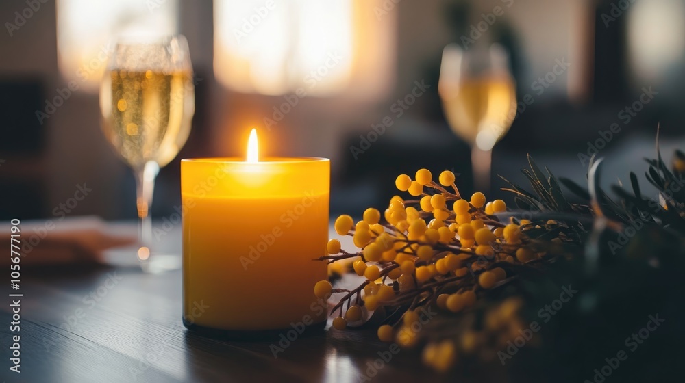Poster close up of a decorative aroma candle placed on a table alongside mimosa creating an inviting and se