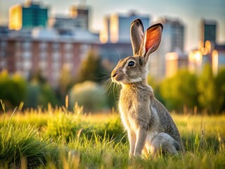 Obraz premium Urban Wild: Whitetail Jackrabbit in a Cityscape Panorama