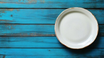 Empty plate set against a blue wooden backdrop