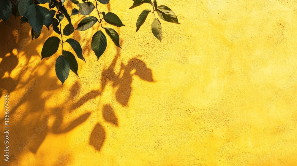 Poster leaf shadows cast on a vibrant yellow concrete wall texture an abstract trendy nature inspired backg
