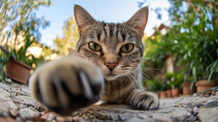 Fototapeta premium Playful cat interacting with the camera using its paw in an outdoor setting fisheye perspective animal portrait