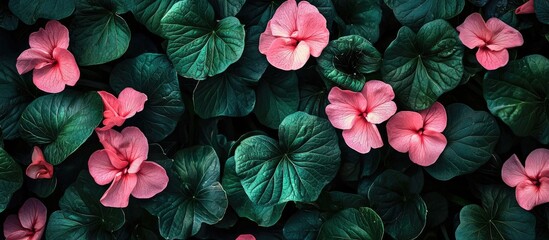 Fototapeta premium Pink Flowers On Green Leaves Background