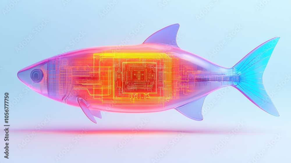 Aufkleber Exploring the intersection of nature and technology a futuristic glimpse into bioengineering with a digital fish concept
