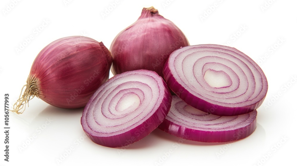Poster sliced red onion on a white background