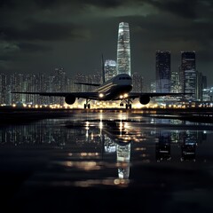 A timelapse of a busy airport, with planes taking off and landing, travelers hurrying, and the lights of the runway guiding the way