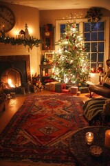 A cozy living room with a Christmas tree and a fireplace. The room is decorated with Christmas lights and presents