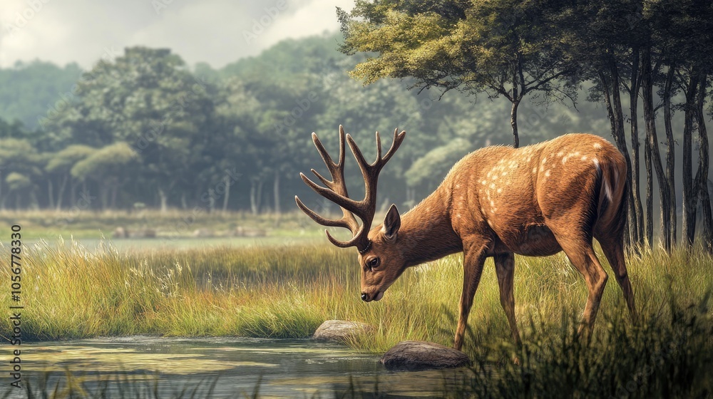 Poster sambar deer with antlers grazing in a lush grassland setting