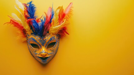 Vibrant yellow backdrop featuring a colorful carnival mask Ideal for greeting cards for birthdays celebrations and parties Ample copy space viewed from above