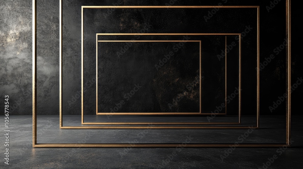 Poster Elegant metal frames with a minimalist design stand out against a black backdrop emphasizing the intricate details of the golden material