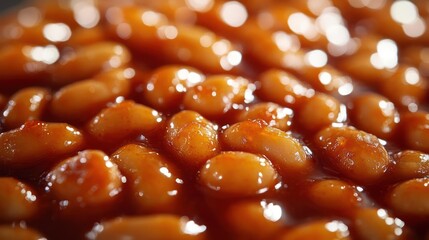 A close-up photo of baked beans with a focus on the texture and appearance of their skins,