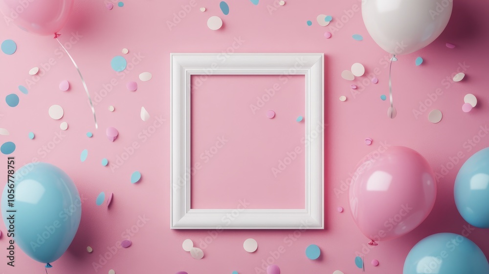 Poster birthday mockup featuring a frame pastel balloons and confetti arranged on a pink tabletop viewed fr