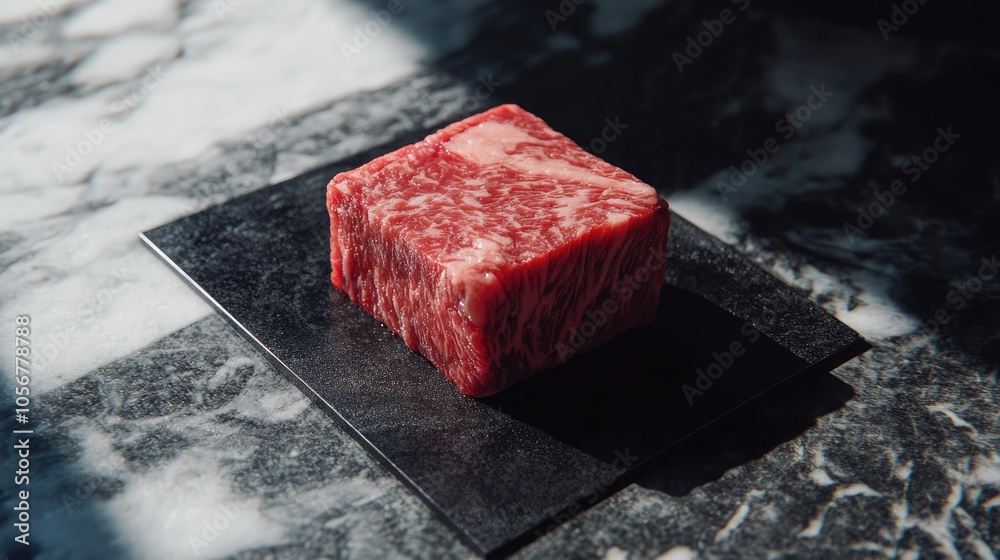 Poster perfect cube of wagyu beef resting on a black marbled surface accompanied by creative shadows