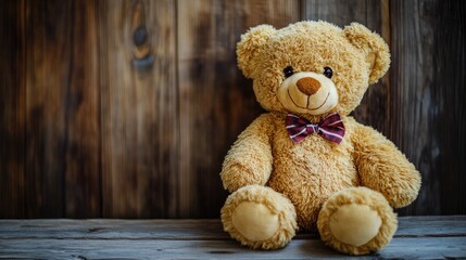 Obraz premium Stuffed teddy bear displayed on a wooden surface
